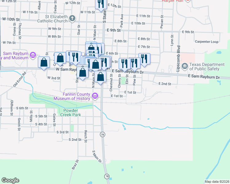 map of restaurants, bars, coffee shops, grocery stores, and more near 306 East 2nd Street in Bonham