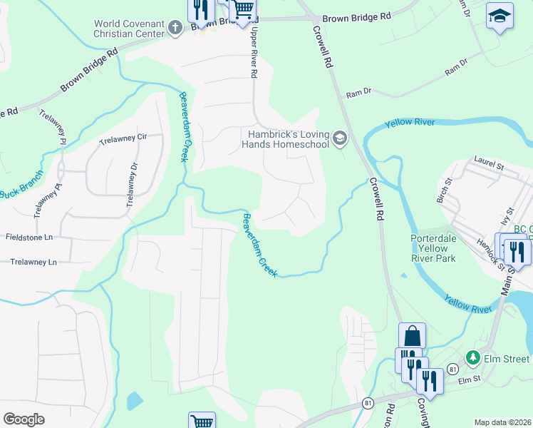 map of restaurants, bars, coffee shops, grocery stores, and more near 90 Brandon Drive in Covington