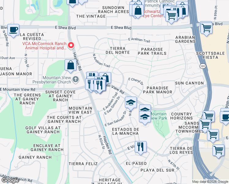 map of restaurants, bars, coffee shops, grocery stores, and more near 8260 East Arabian Trail in Scottsdale