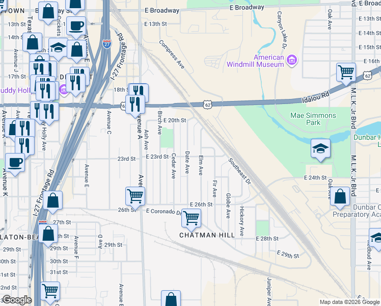 map of restaurants, bars, coffee shops, grocery stores, and more near 2205 Date Avenue in Lubbock