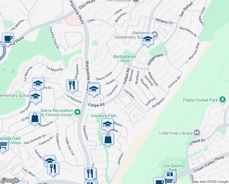 map of restaurants, bars, coffee shops, grocery stores, and more near 26742 Trasmiras in Mission Viejo