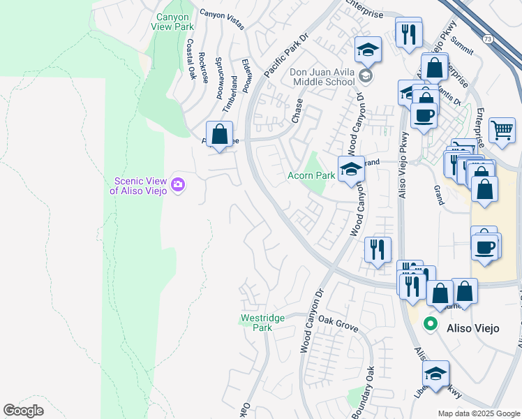 map of restaurants, bars, coffee shops, grocery stores, and more near 20 Groveside Drive in Aliso Viejo