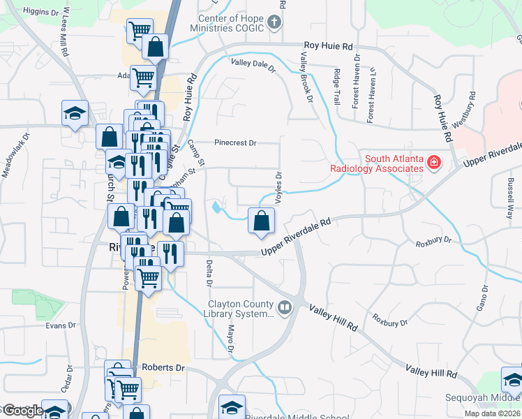 map of restaurants, bars, coffee shops, grocery stores, and more near 450 Voyles Drive in Riverdale