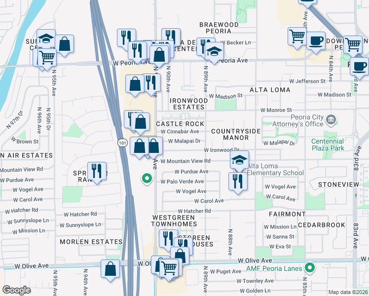 map of restaurants, bars, coffee shops, grocery stores, and more near 8944 West Ironwood Drive in Peoria