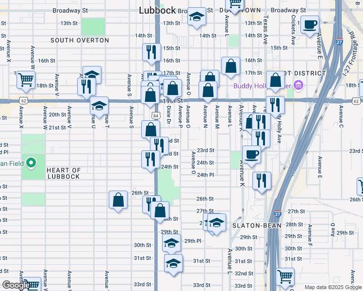 map of restaurants, bars, coffee shops, grocery stores, and more near 2205 Avenue P in Lubbock