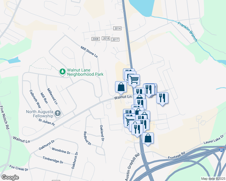 map of restaurants, bars, coffee shops, grocery stores, and more near 143 Bentley Drive in North Augusta