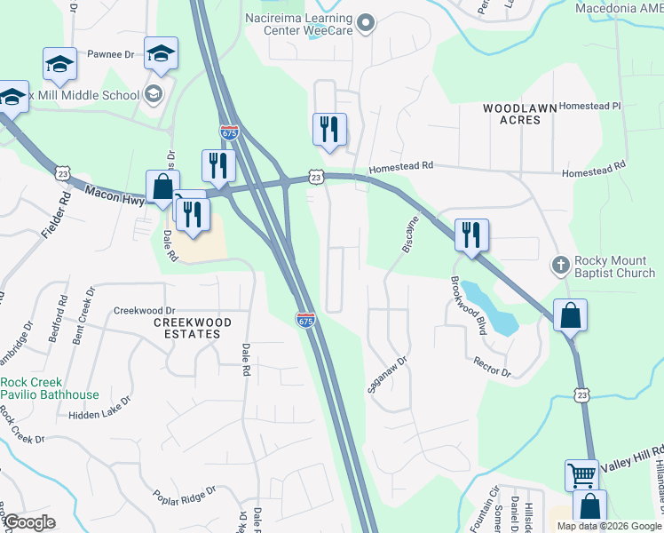 map of restaurants, bars, coffee shops, grocery stores, and more near 6545 Georgia 42 in Rex