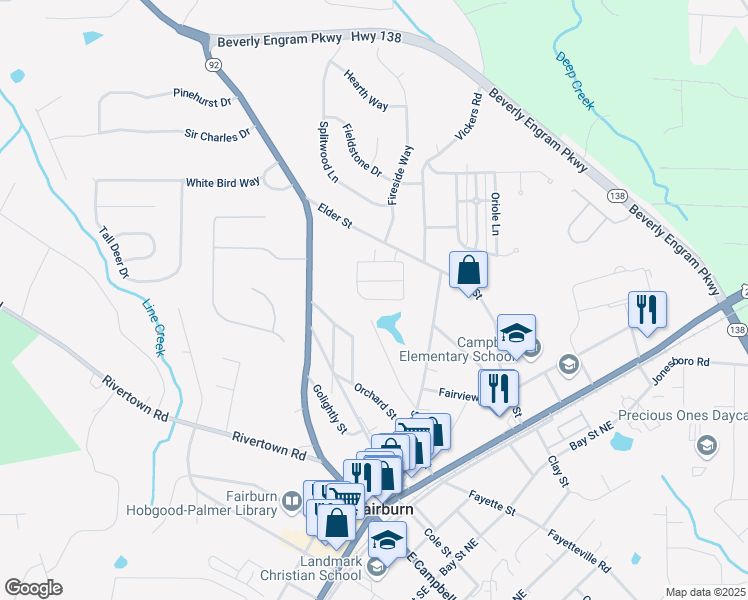 map of restaurants, bars, coffee shops, grocery stores, and more near Cedar Drive in Fairburn