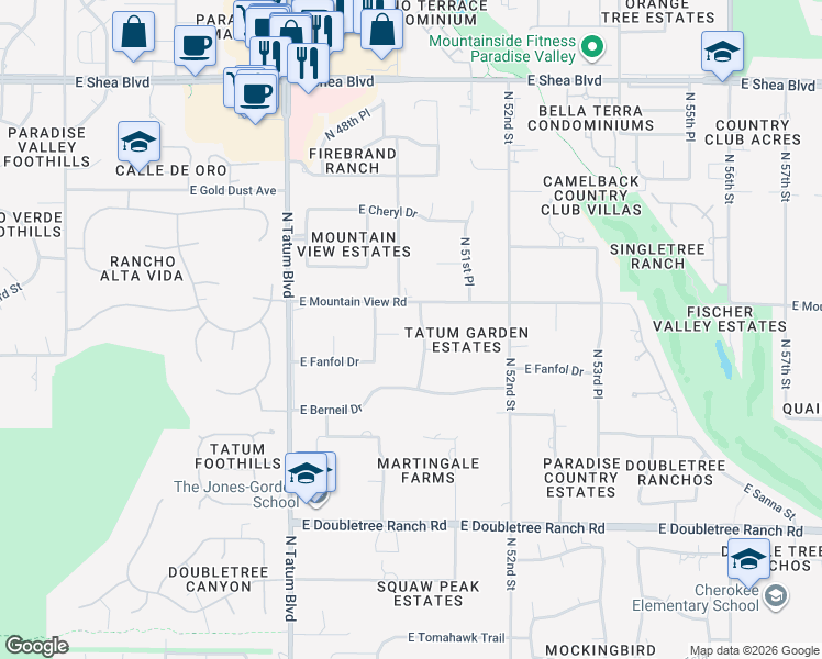 map of restaurants, bars, coffee shops, grocery stores, and more near 9516 North 50th Place in Paradise Valley