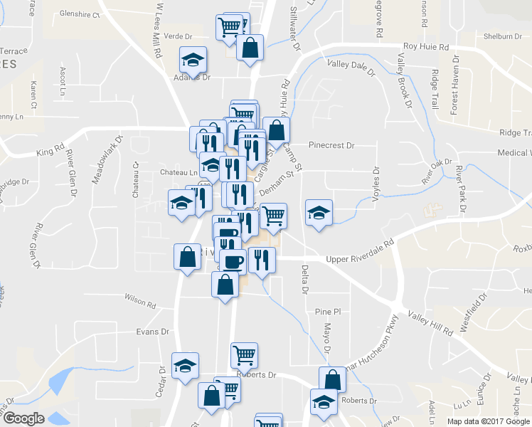 map of restaurants, bars, coffee shops, grocery stores, and more near 639 Lassiter Street in Riverdale