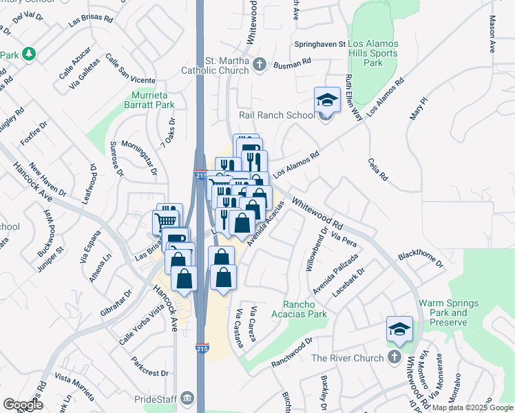 map of restaurants, bars, coffee shops, grocery stores, and more near 39566 Los Alamos Road in Murrieta