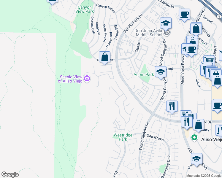 map of restaurants, bars, coffee shops, grocery stores, and more near 18 Fawnridge Place in Aliso Viejo