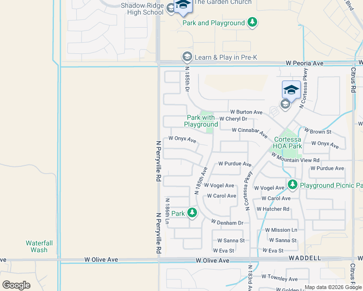 map of restaurants, bars, coffee shops, grocery stores, and more near 18610 West Turquoise Avenue in Waddell