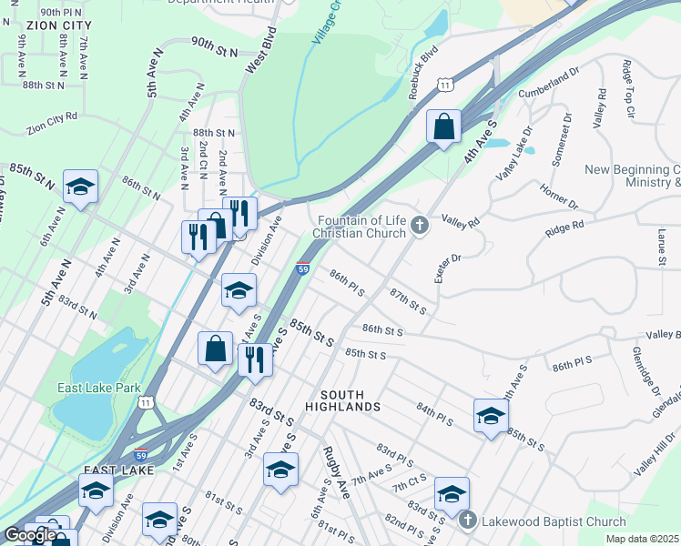 map of restaurants, bars, coffee shops, grocery stores, and more near 225 86th Place South in Birmingham
