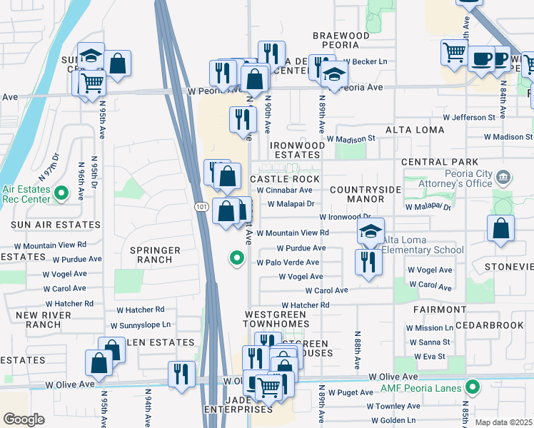 map of restaurants, bars, coffee shops, grocery stores, and more near 9026 West Ironwood Drive in Peoria