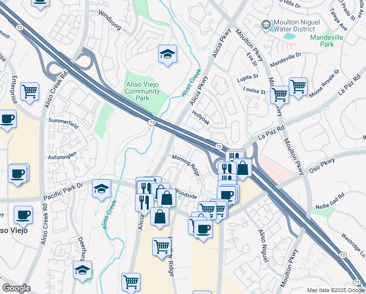 map of restaurants, bars, coffee shops, grocery stores, and more near 159 Abbeywood Lane in Aliso Viejo