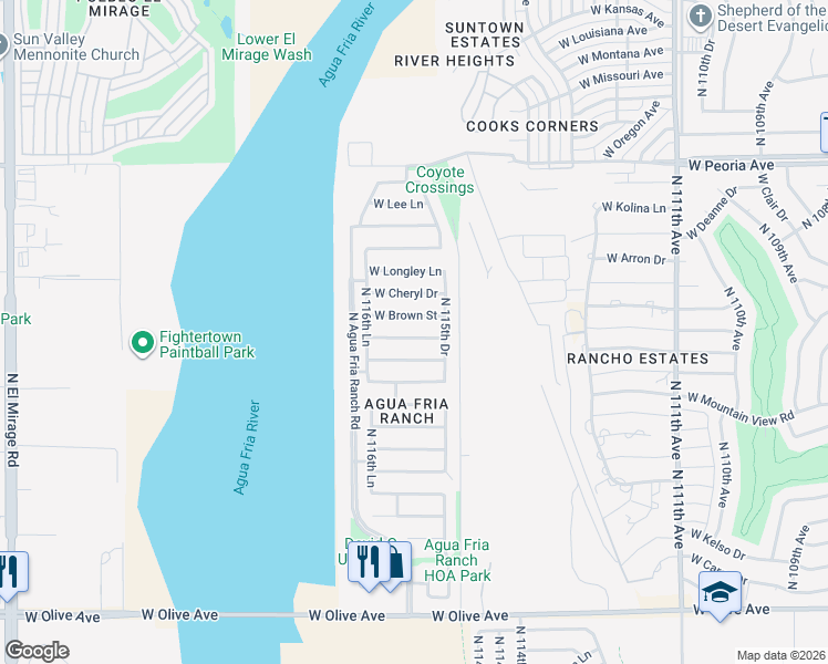 map of restaurants, bars, coffee shops, grocery stores, and more near 11606 West Cinnabar Avenue in Youngtown