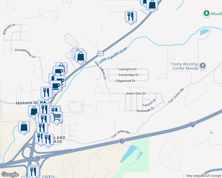 map of restaurants, bars, coffee shops, grocery stores, and more near 2519 Joey Adkins Drive in Moody