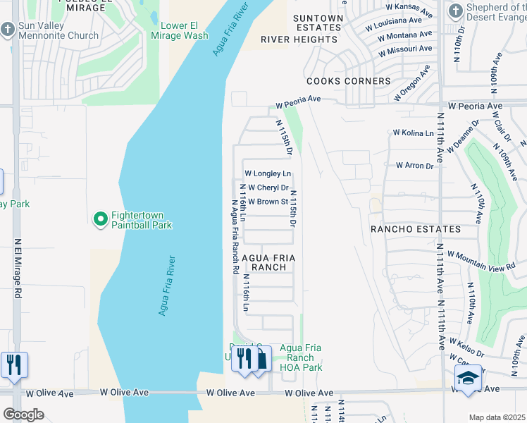 map of restaurants, bars, coffee shops, grocery stores, and more near 11606 West Cinnabar Avenue in Youngtown