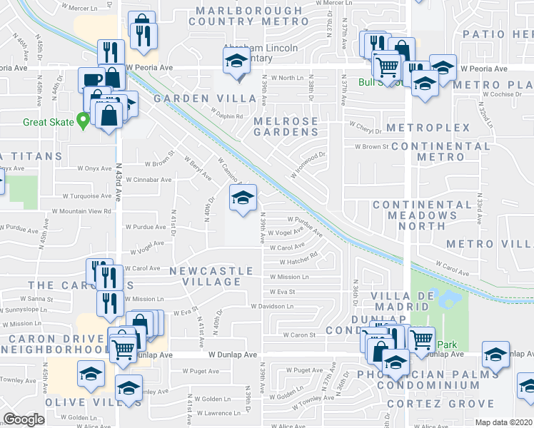 map of restaurants, bars, coffee shops, grocery stores, and more near 3856 West Purdue Avenue in Phoenix