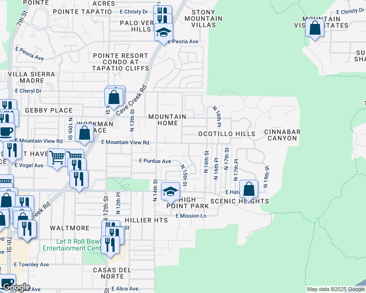 map of restaurants, bars, coffee shops, grocery stores, and more near 1501 East Mountain View Road in Phoenix