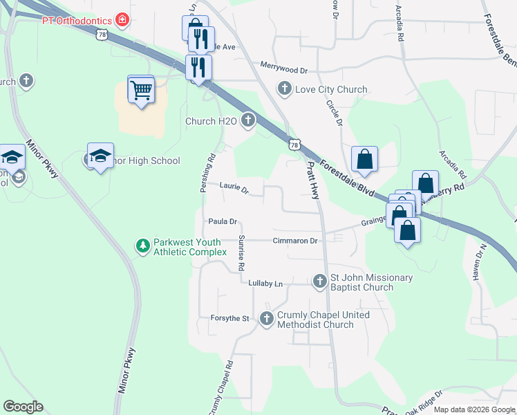 map of restaurants, bars, coffee shops, grocery stores, and more near 2104 Overhill Drive in Birmingham