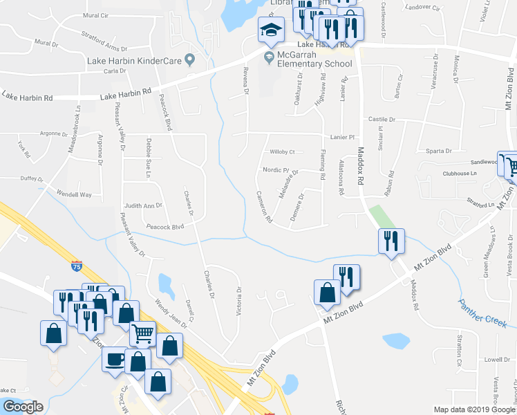 map of restaurants, bars, coffee shops, grocery stores, and more near 6611 Cameron Road in Morrow