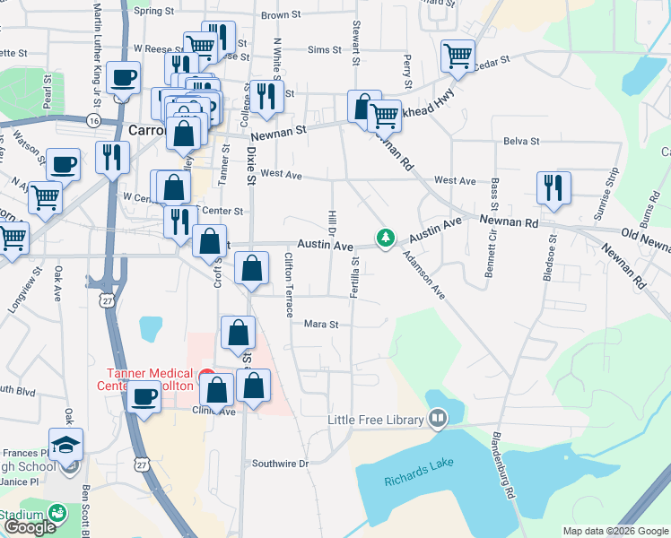 map of restaurants, bars, coffee shops, grocery stores, and more near 128 North Garrett Street in Carrollton