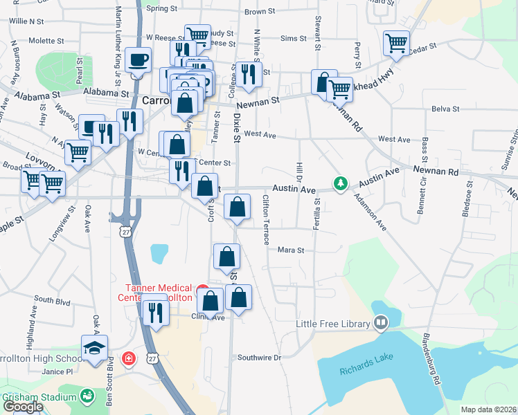 map of restaurants, bars, coffee shops, grocery stores, and more near 115 Clifton Terrace in Carrollton