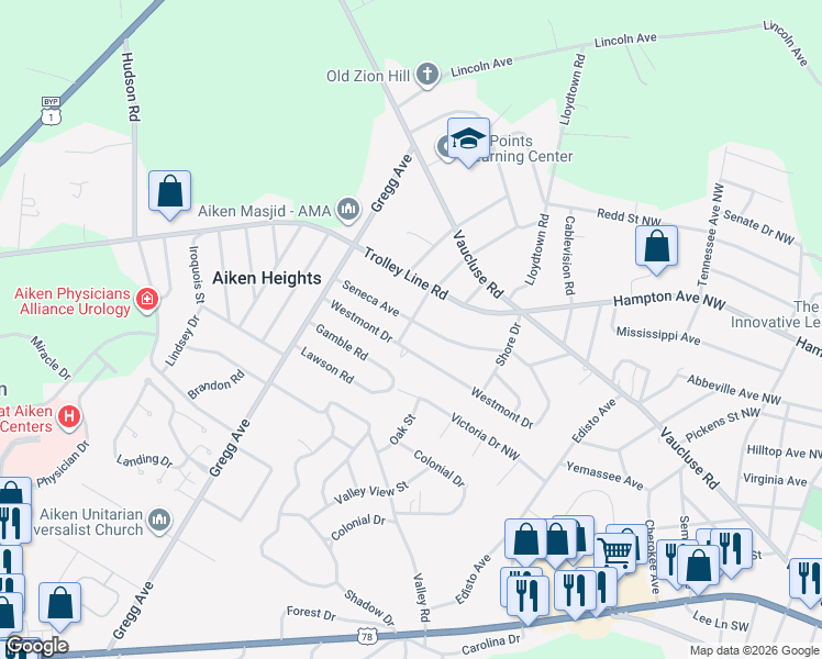 map of restaurants, bars, coffee shops, grocery stores, and more near 3427 Seneca Avenue in Aiken
