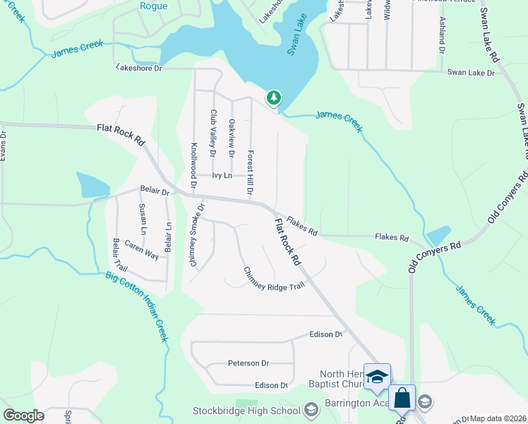 map of restaurants, bars, coffee shops, grocery stores, and more near 1473 Flat Rock Road in Stockbridge