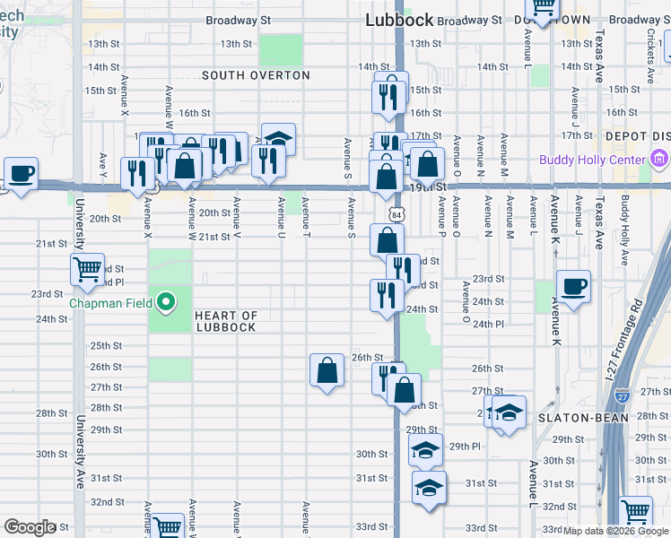 map of restaurants, bars, coffee shops, grocery stores, and more near 1919 22nd Street in Lubbock