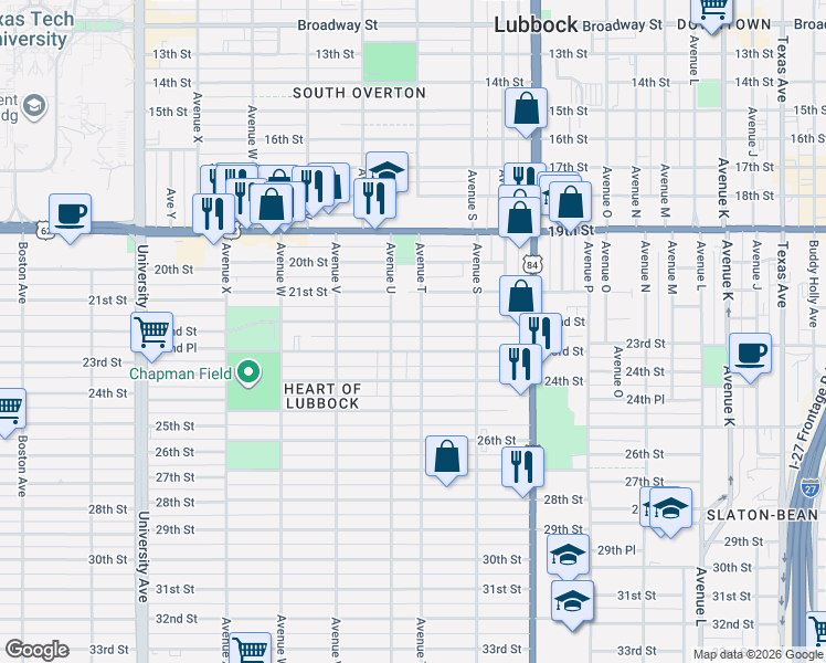 map of restaurants, bars, coffee shops, grocery stores, and more near 2009 22nd Street in Lubbock