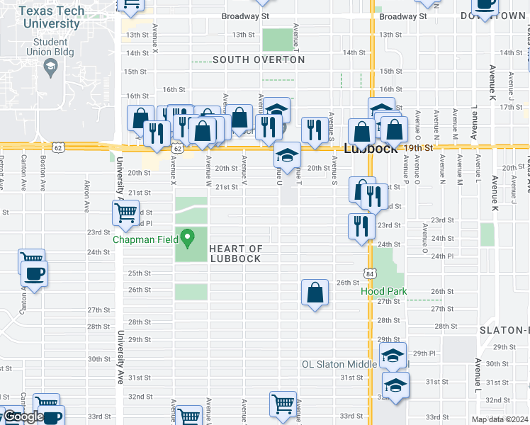 map of restaurants, bars, coffee shops, grocery stores, and more near 2111 22nd Street in Lubbock