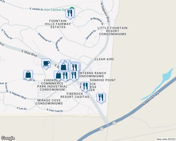 map of restaurants, bars, coffee shops, grocery stores, and more near 9750 North Monterey Drive in Fountain Hills