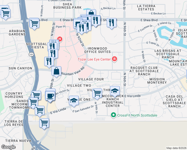 map of restaurants, bars, coffee shops, grocery stores, and more near 9378 East Purdue Avenue in Scottsdale
