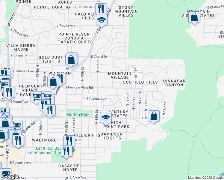 map of restaurants, bars, coffee shops, grocery stores, and more near 1501 East Mountain View Road in Phoenix
