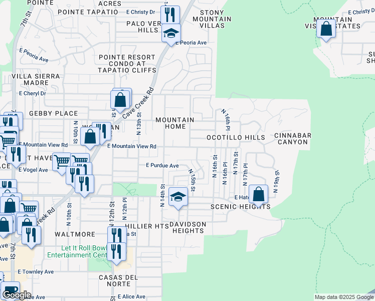 map of restaurants, bars, coffee shops, grocery stores, and more near 1501 East Mountain View Road in Phoenix