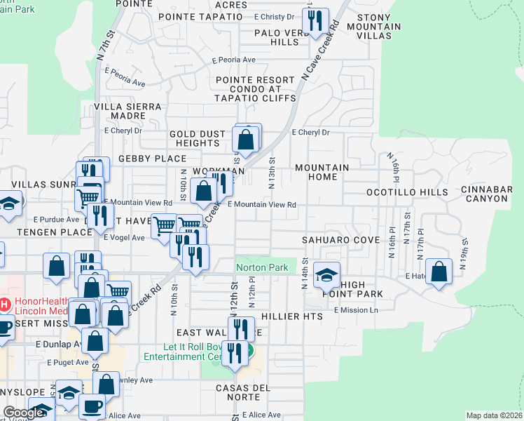 map of restaurants, bars, coffee shops, grocery stores, and more near 1251 East Mountain View Road in Phoenix