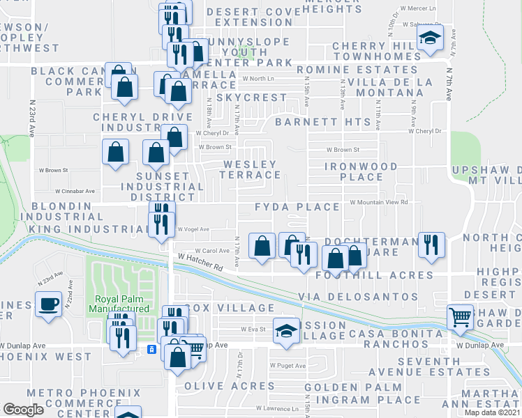 map of restaurants, bars, coffee shops, grocery stores, and more near 1601 West Mountain View Road in Phoenix