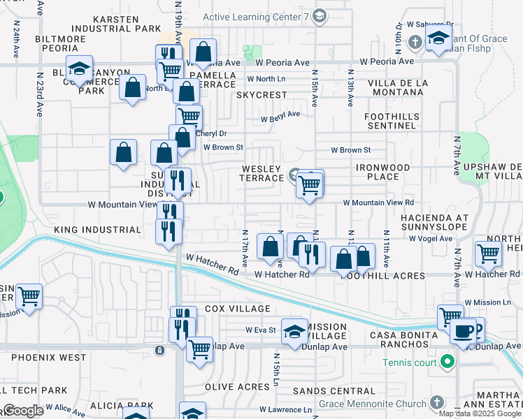 map of restaurants, bars, coffee shops, grocery stores, and more near 1637 West Mountain View Road in Phoenix