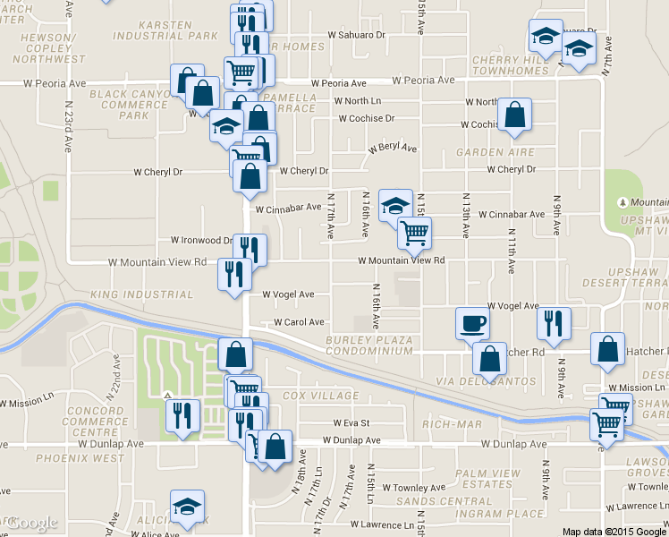 map of restaurants, bars, coffee shops, grocery stores, and more near 1637 West Mountain View Road in Phoenix