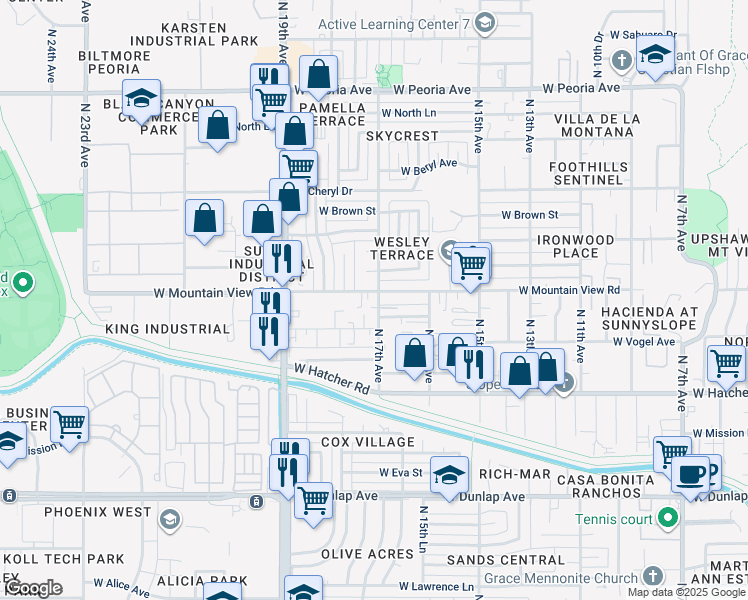 map of restaurants, bars, coffee shops, grocery stores, and more near 1709 West Mountain View Road in Phoenix