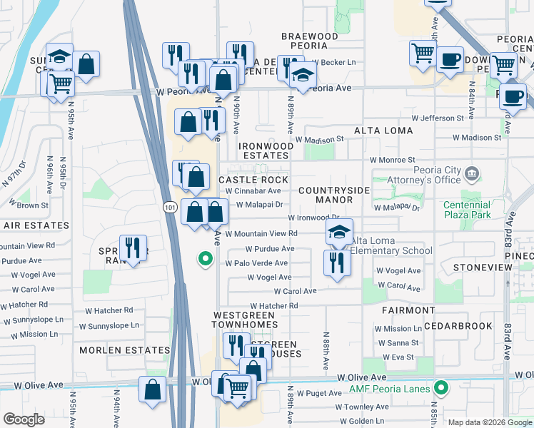 map of restaurants, bars, coffee shops, grocery stores, and more near 8944 West Ironwood Drive in Peoria