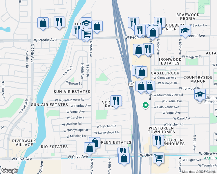 map of restaurants, bars, coffee shops, grocery stores, and more near 9331 West Cinnabar Avenue in Peoria