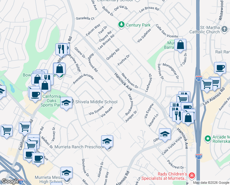 map of restaurants, bars, coffee shops, grocery stores, and more near 40037 White Leaf Lane in Murrieta