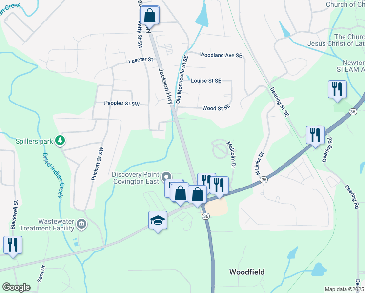 map of restaurants, bars, coffee shops, grocery stores, and more near 9155 Georgia 36 in Covington