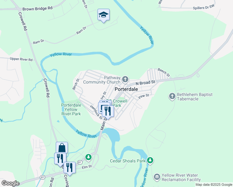 map of restaurants, bars, coffee shops, grocery stores, and more near 15 Highway 81 in Porterdale