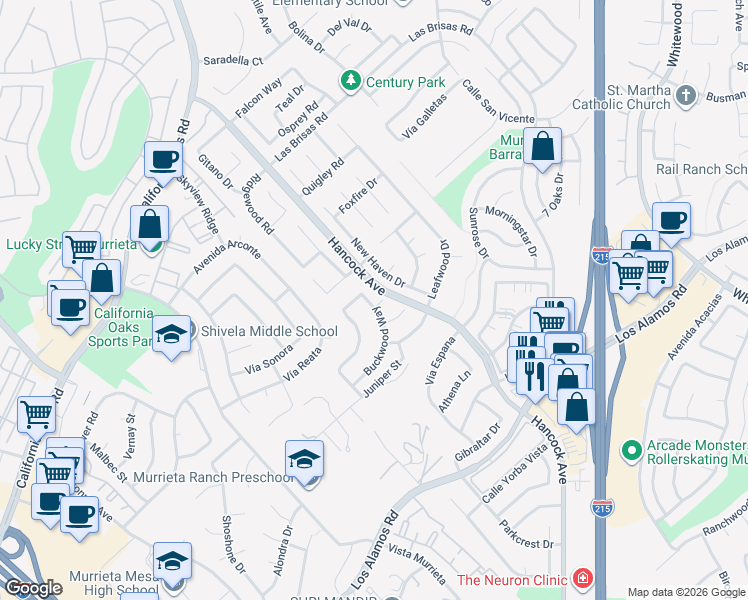 map of restaurants, bars, coffee shops, grocery stores, and more near 40029 Myrtlewood Court in Murrieta