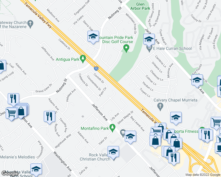 map of restaurants, bars, coffee shops, grocery stores, and more near 41335 Magnolia Street in Murrieta